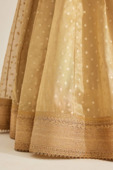 Shop Shyam Narayan Prasad Gold Tissue Embroidery, Zari V-neck Floral Woven Pattern Lehenga Set Online at Aza Fashions Shop_Shyam Narayan Prasad_Gold Tissue Embroidery, Zari V-neck Floral Woven Pattern Lehenga Set _Online_at_Aza_Fashions