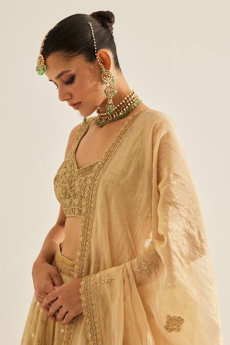 Shyam Narayan Prasad Gold Tissue Embroidery, Zari V-neck Floral Woven Pattern Lehenga Set at Aza Fashions Shyam Narayan Prasad_Gold Tissue Embroidery, Zari V-neck Floral Woven Pattern Lehenga Set _at_Aza_Fashions