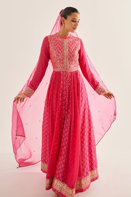 Buy_Shyam Narayan Prasad_Fuchsia Brocade, Organza, Georgette Floral Pattern Panelled Anarkali Set _Online_at_Aza_Fashions