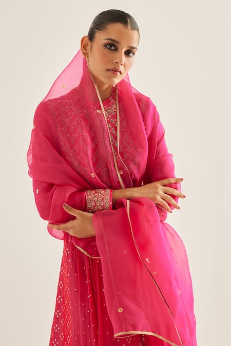 Shop_Shyam Narayan Prasad_Fuchsia Brocade, Organza, Georgette Floral Pattern Panelled Anarkali Set _Online_at_Aza_Fashions