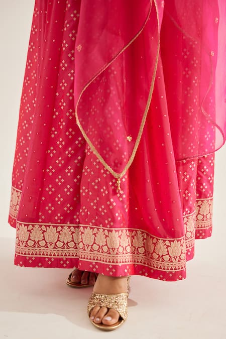 Shyam Narayan Prasad_Fuchsia Brocade, Organza, Georgette Floral Pattern Panelled Anarkali Set _at_Aza_Fashions