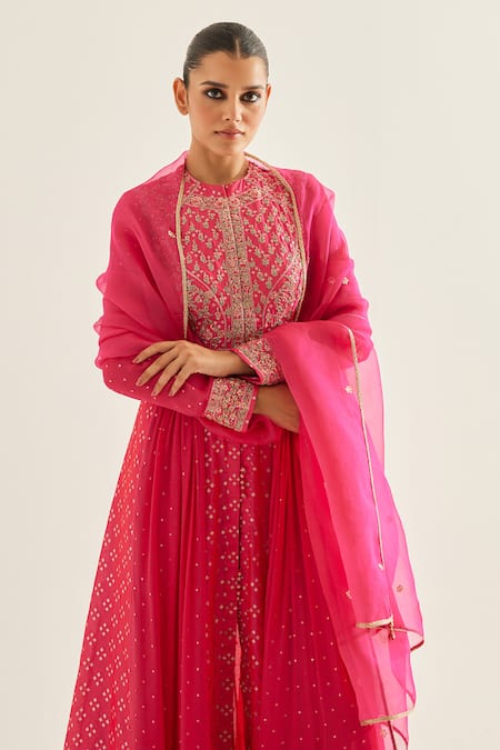 Buy_Shyam Narayan Prasad_Fuchsia Brocade, Organza, Georgette Floral Pattern Panelled Anarkali Set 