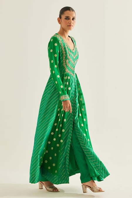 Shyam Narayan Prasad_Emerald Green Brocade, Organza, Georgette Bloom Panelled Anarkali Set _Online_at_Aza_Fashions