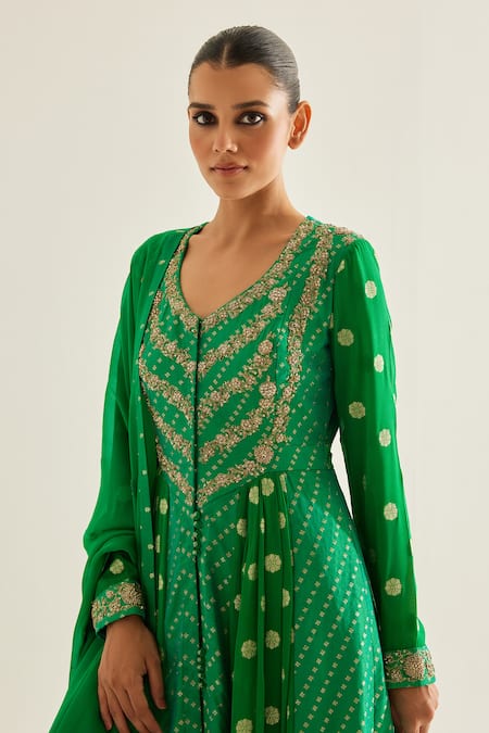 Shop_Shyam Narayan Prasad_Emerald Green Brocade, Organza, Georgette Bloom Panelled Anarkali Set _Online_at_Aza_Fashions