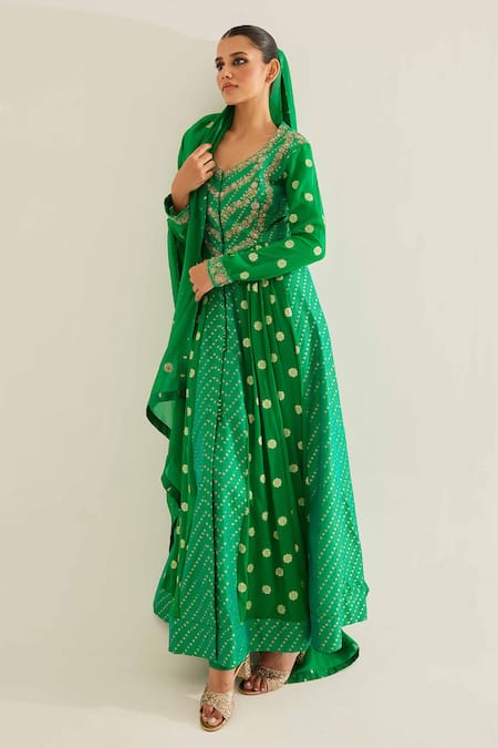 Buy_Shyam Narayan Prasad_Emerald Green Brocade, Organza, Georgette Bloom Panelled Anarkali Set 