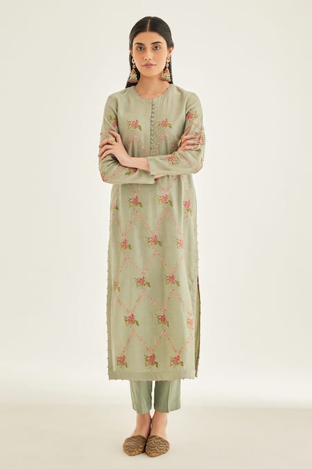 Shop Shyam Narayan Prasad Green Silk, Chanderi, Organza Embroidery Round Neck Block Print And Kurta Set Online at Aza Fashions Shop_Shyam Narayan Prasad_Green Silk, Chanderi, Organza Embroidery Round Neck Block Print And Kurta Set _Online_at_Aza_Fashions