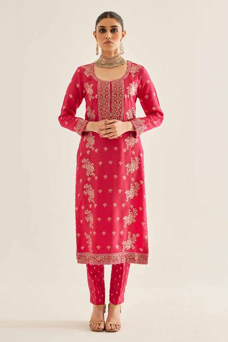 Shyam Narayan Prasad_Fuchsia Brocade, Organza, Georgette Embroidery, Zari Round Floral Kurta Set _Online_at_Aza_Fashions