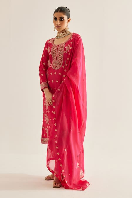 Buy_Shyam Narayan Prasad_Fuchsia Brocade, Organza, Georgette Embroidery, Zari Round Floral Kurta Set _Online_at_Aza_Fashions