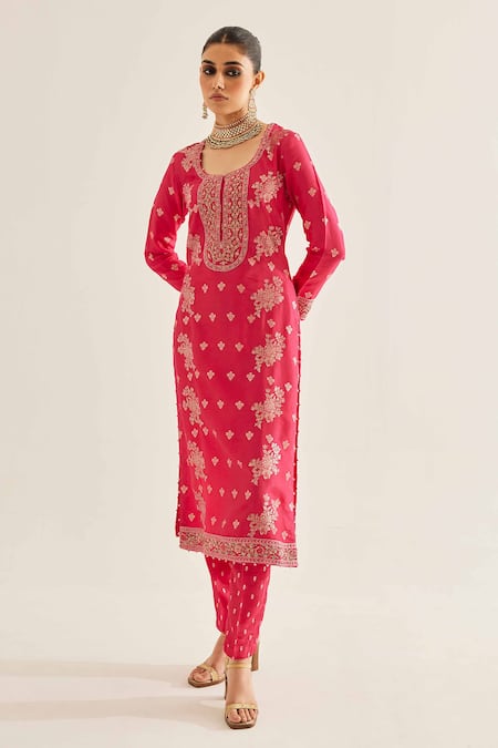 Shyam Narayan Prasad_Fuchsia Brocade, Organza, Georgette Embroidery, Zari Round Floral Kurta Set _at_Aza_Fashions