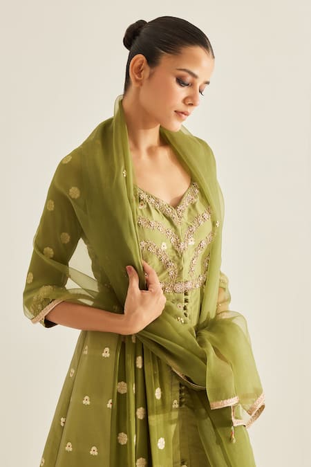 Shyam Narayan Prasad_Green Brocade, Organza, Georgette Embroidery, Zari Floral Pattern Anarkali Set _Online_at_Aza_Fashions