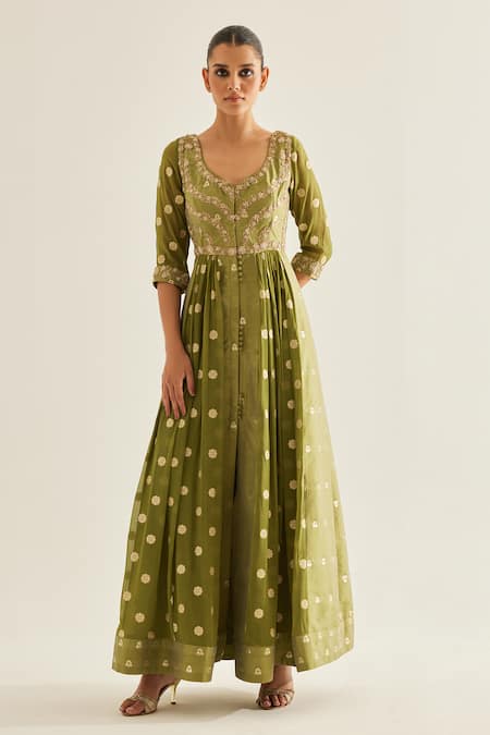 Buy_Shyam Narayan Prasad_Green Brocade, Organza, Georgette Embroidery, Zari Floral Pattern Anarkali Set _Online_at_Aza_Fashions