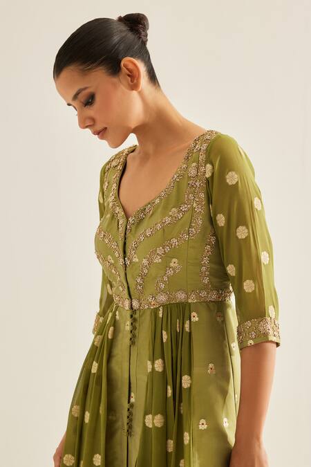 Shop_Shyam Narayan Prasad_Green Brocade, Organza, Georgette Embroidery, Zari Floral Pattern Anarkali Set _Online_at_Aza_Fashions