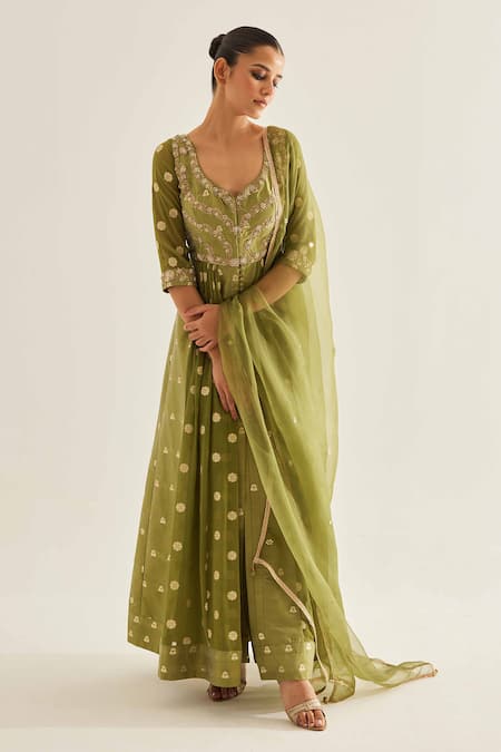 Shyam Narayan Prasad_Green Brocade, Organza, Georgette Embroidery, Zari Floral Pattern Anarkali Set _at_Aza_Fashions
