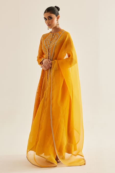 Shyam Narayan Prasad_Yellow Brocade, Organza, Georgette Zari, Vintage Pattern Panelled Anarkali Set _Online_at_Aza_Fashions