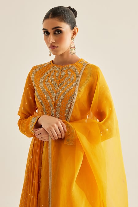 Buy_Shyam Narayan Prasad_Yellow Brocade, Organza, Georgette Zari, Vintage Pattern Panelled Anarkali Set _Online_at_Aza_Fashions