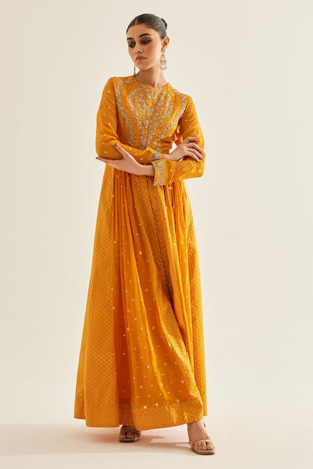 Shop_Shyam Narayan Prasad_Yellow Brocade, Organza, Georgette Zari, Vintage Pattern Panelled Anarkali Set _Online_at_Aza_Fashions