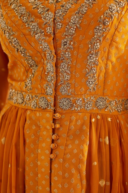 Shyam Narayan Prasad_Yellow Brocade, Organza, Georgette Zari, Vintage Pattern Panelled Anarkali Set _at_Aza_Fashions