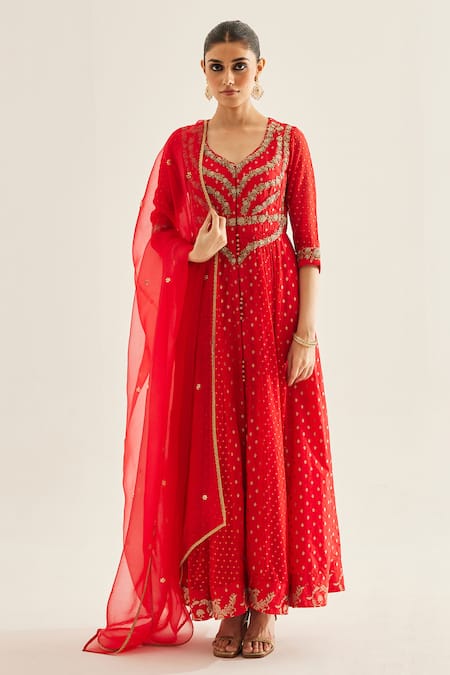 Shyam Narayan Prasad Red Brocade Woven And Embroidered Floral V Neck Panelled Anarkali Set 