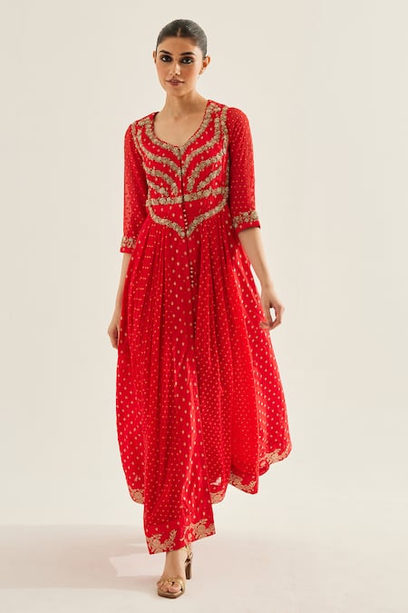 Shyam Narayan Prasad_Red Brocade, Organza, Georgette Embroidery V-neck Panelled Anarkali Set _Online_at_Aza_Fashions