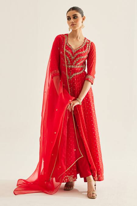 Buy_Shyam Narayan Prasad_Red Brocade, Organza, Georgette Embroidery V-neck Panelled Anarkali Set _Online_at_Aza_Fashions