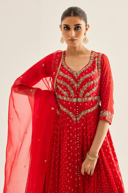 Shop_Shyam Narayan Prasad_Red Brocade, Organza, Georgette Embroidery V-neck Panelled Anarkali Set _Online_at_Aza_Fashions