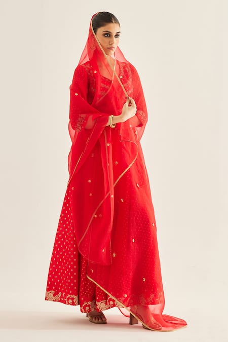 Shyam Narayan Prasad_Red Brocade, Organza, Georgette Embroidery V-neck Panelled Anarkali Set _at_Aza_Fashions