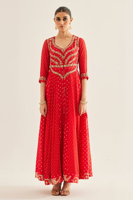 Buy_Shyam Narayan Prasad_Red Brocade, Organza, Georgette Embroidery V-neck Panelled Anarkali Set 