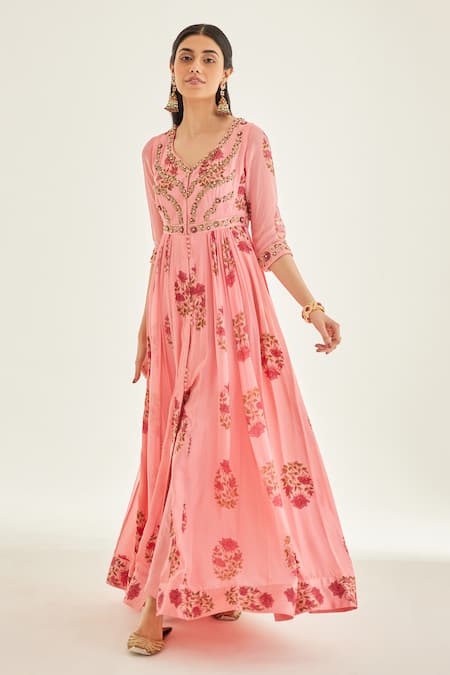 Shyam Narayan Prasad_Pink Organza, Silk, Chanderi Embroidery V-neck Floral Block Print Anarkali Set _Online_at_Aza_Fashions