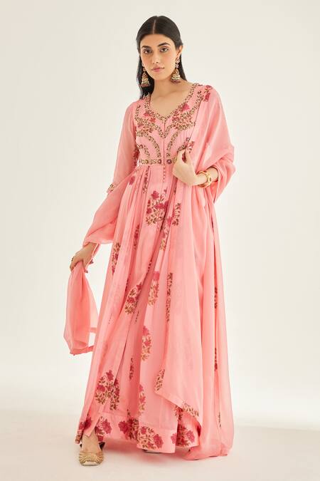 Buy_Shyam Narayan Prasad_Pink Organza, Silk, Chanderi Embroidery V-neck Floral Block Print Anarkali Set _Online_at_Aza_Fashions