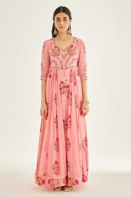 Shop_Shyam Narayan Prasad_Pink Organza, Silk, Chanderi Embroidery V-neck Floral Block Print Anarkali Set _Online_at_Aza_Fashions