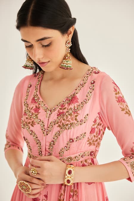 Shyam Narayan Prasad_Pink Organza, Silk, Chanderi Embroidery V-neck Floral Block Print Anarkali Set _at_Aza_Fashions