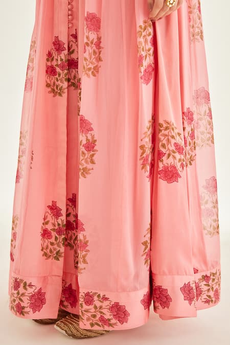 Buy_Shyam Narayan Prasad_Pink Organza, Silk, Chanderi Embroidery V-neck Floral Block Print Anarkali Set 