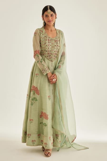 Shyam Narayan Prasad Green Silk Chanderi Printed And Embroidered Floral Hand Block & Anarkali Set 