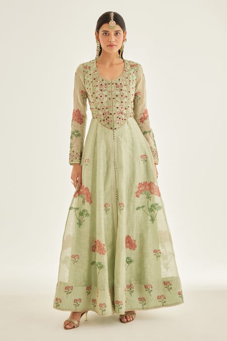 Shyam Narayan Prasad_Green Silk, Organza, Chanderi Embroidery Floral Hand Block Print Anarkali Set _Online_at_Aza_Fashions