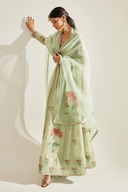 Buy_Shyam Narayan Prasad_Green Silk, Organza, Chanderi Embroidery Floral Hand Block Print Anarkali Set _Online_at_Aza_Fashions