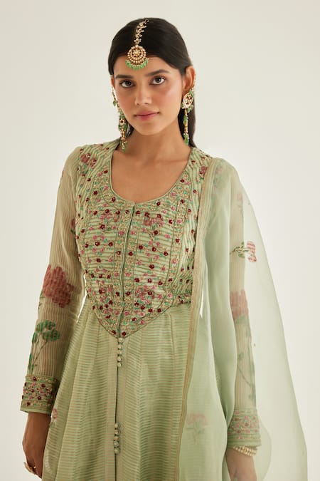 Shop_Shyam Narayan Prasad_Green Silk, Organza, Chanderi Embroidery Floral Hand Block Print Anarkali Set _Online_at_Aza_Fashions