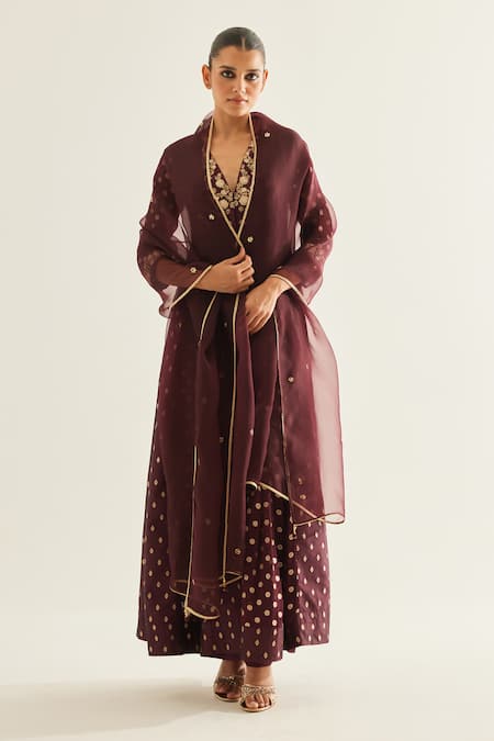 Shyam Narayan Prasad_Wine Brocade, Organza, Georgette Embroidery V-neck Floral Pattern Anarkali Set _Online_at_Aza_Fashions