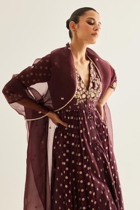 Shop_Shyam Narayan Prasad_Wine Brocade, Organza, Georgette Embroidery V-neck Floral Pattern Anarkali Set _Online_at_Aza_Fashions