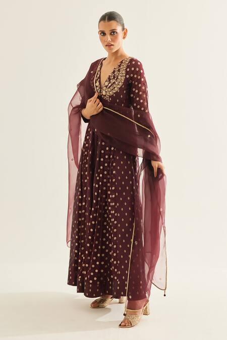 Shyam Narayan Prasad_Wine Brocade, Organza, Georgette Embroidery V-neck Floral Pattern Anarkali Set _at_Aza_Fashions