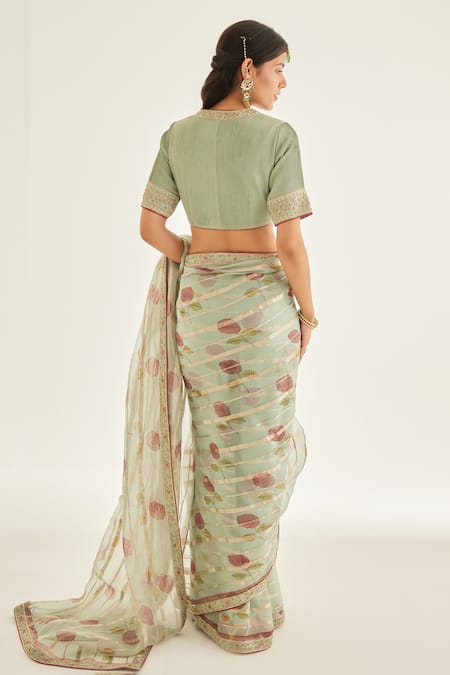 Shyam Narayan Prasad Floral Block Print Saree & Blouse Set 