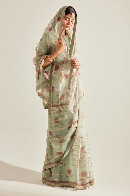 Shyam Narayan Prasad_Green Silk Organza Embroidery Round Neck Floral Block Print Saree And Blouse Set _Online_at_Aza_Fashions