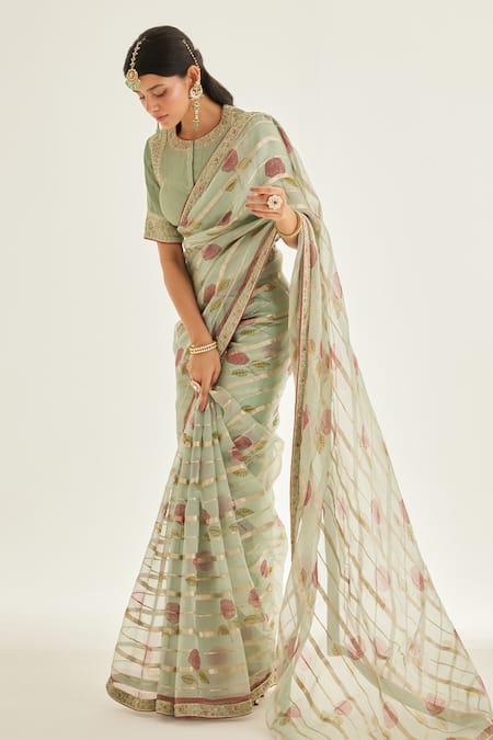 Buy_Shyam Narayan Prasad_Green Silk Organza Embroidery Round Neck Floral Block Print Saree And Blouse Set _Online_at_Aza_Fashions