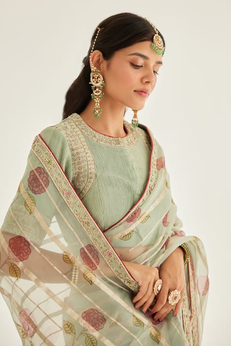 Shop_Shyam Narayan Prasad_Green Silk Organza Embroidery Round Neck Floral Block Print Saree And Blouse Set _Online_at_Aza_Fashions