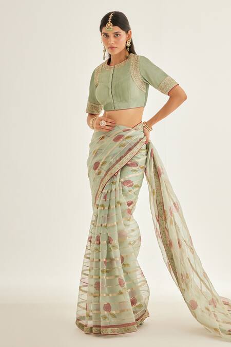 Shyam Narayan Prasad_Green Silk Organza Embroidery Round Neck Floral Block Print Saree And Blouse Set _at_Aza_Fashions