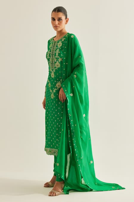 Buy_Shyam Narayan Prasad_Emerald Green Organza, Georgette, Brocade Embroidery Round Botanical Kurta Set _Online_at_Aza_Fashions