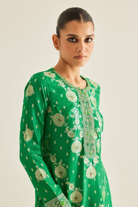 Shop_Shyam Narayan Prasad_Emerald Green Organza, Georgette, Brocade Embroidery Round Botanical Kurta Set _Online_at_Aza_Fashions
