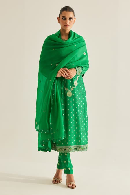 Buy_Shyam Narayan Prasad_Emerald Green Organza, Georgette, Brocade Embroidery Round Botanical Kurta Set 