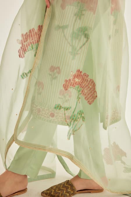 Buy Shyam Narayan Prasad Green Silk, Organza, Chanderi Embroidery Round Floral Hand Block Print Kurta Set Online at Aza Fashions Buy_Shyam Narayan Prasad_Green Silk, Organza, Chanderi Embroidery Round Floral Hand Block Print Kurta Set _Online_at_Aza_Fashions