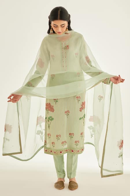 Shop Shyam Narayan Prasad Green Silk, Organza, Chanderi Embroidery Round Floral Hand Block Print Kurta Set Online at Aza Fashions Shop_Shyam Narayan Prasad_Green Silk, Organza, Chanderi Embroidery Round Floral Hand Block Print Kurta Set _Online_at_Aza_Fashions