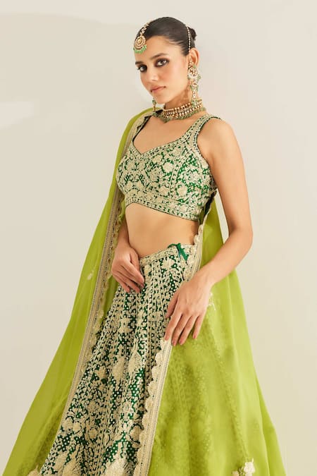 Shyam Narayan Prasad_Green Silk, Organza Embroidery, Tassels, Zari V-neck Floral Lehenga Set _Online_at_Aza_Fashions
